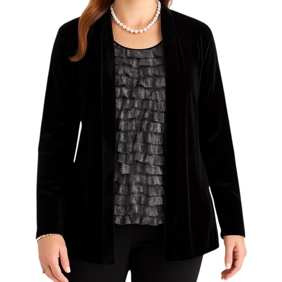 Notations Tops - Notations Black Velvet Jacket Silver‎ Ruffle Tank Twinset Women's Size Small